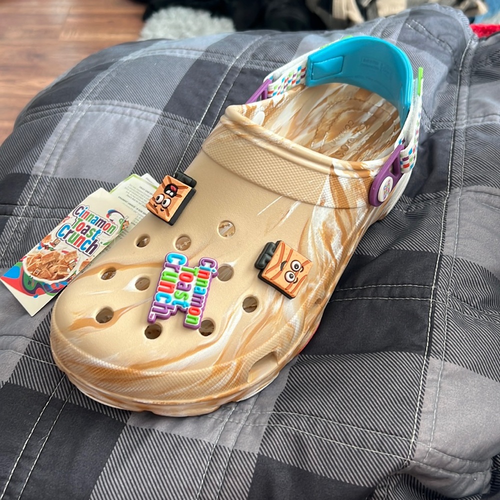 These are the crocs and Cinnamon Toast Crunch collab crocs